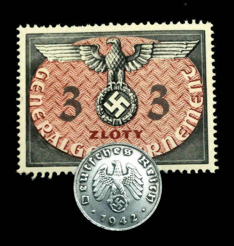 Rare Nazi Third Reich 1 Reichspfennig Coin with Swastika & Rare Uncirculated 3 Zloty Stamp - WWII Artifacts