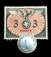 Load image into Gallery viewer, Rare Nazi Third Reich 1 Reichspfennig Coin with Swastika &amp; Rare Uncirculated 3 Zloty Stamp - WWII Artifacts - Collectors Couch