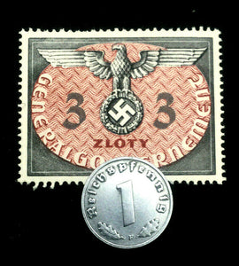 Rare Nazi Third Reich 1 Reichspfennig Coin with Swastika & Rare Uncirculated 3 Zloty Stamp - WWII Artifacts - Collectors Couch