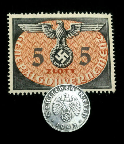 Rare Nazi Third Reich 1 Reichspfennig Coin with Swastika & Rare Uncirculated  5 Zloty Stamp - WWII Artifacts