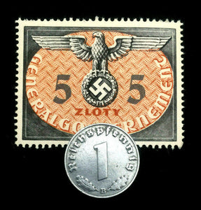 Rare Nazi Third Reich 1 Reichspfennig Coin with Swastika & Rare Uncirculated  5 Zloty Stamp - WWII Artifacts
