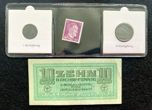 World War II CERTIFIED Two German Coins 1,10 Rp & 10 Reichsmark Bill & Stamp