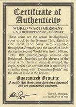 Load image into Gallery viewer, World War II CERTIFIED THREE German Coins 1,5,10 Reichspfennigs with History Certificate Of Authenticity-Holder-Album-History Included