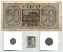 Load image into Gallery viewer, World War II CERTIFIED Two German Coins 1,10 Rp &amp; 50 Reichsmark Bill &amp; Stamp - Collectors Couch