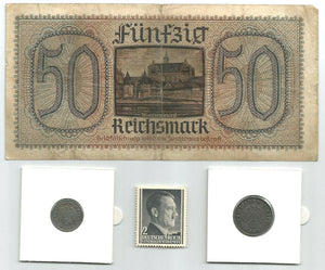 World War II CERTIFIED Two German Coins 1,10 Rp & 50 Reichsmark Bill & Stamp - Collectors Couch