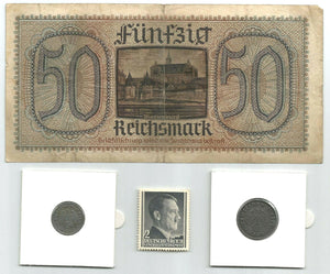 World War II CERTIFIED Two German Coins 1,10 Rp & 50 Reichsmark Bill & Stamp