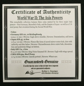 World War II Certified FOUR Coins Germany,Italy,Japan,U.S. Historical Artifacts - Collectors Couch