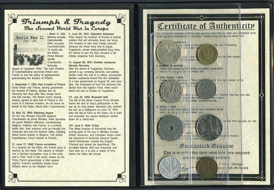 World War II 8 Coins Germany,Poland,Belgium,France,Yugo,Serbia,Italy,Canada - Collectors Couch