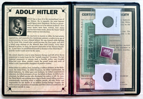World War II CERTIFIED Two German Coins 1,10 Rp & 10 Reichsmark Bill & Stamp