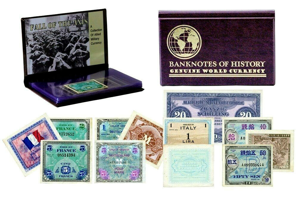 WWII Rare Collection Of Certified Allied Military Currency 8 Banknote Set Album