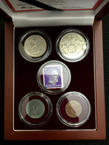 WW2 CERTIFIED German Coins TWO SILVER One Zinc & Bronze Mint Stamp Display Box COA & History - Secure Coin Capsules - Display Box Inc.