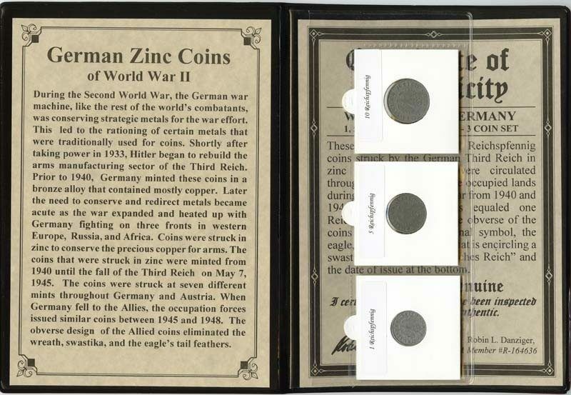 World War II CERTIFIED THREE German Coins 1,5,10 Reichspfennigs with History Certificate Of Authenticity-Holder-Album-History Included