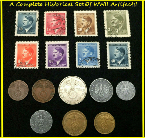 Rare WW2 German Coins & Stamps Set Of Historical Artifacts - Complete Collection