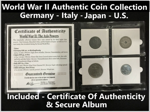 World War II Certified FOUR Coins Germany,Italy,Japan,U.S. Historical Artifacts