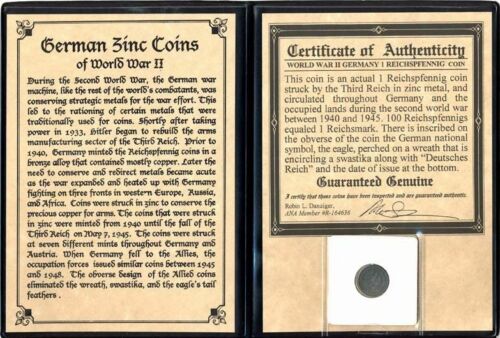 WWII Germany 1 Reichspfennig Zinc Coin COA & History & Album Included