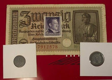 Load image into Gallery viewer, Picture 1 of 4 Have one to sell? Sell now World War II CERTIFIED Two German Coins 1,10 Rp &amp; 20 Reichsmark Bill &amp; Stamp - Collectors Couch