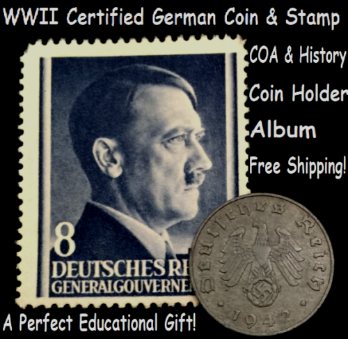 Rare WWII German 1 Rp Coin & Mint Stamp CERTIFIED, Mini Album,Holder, COA Included