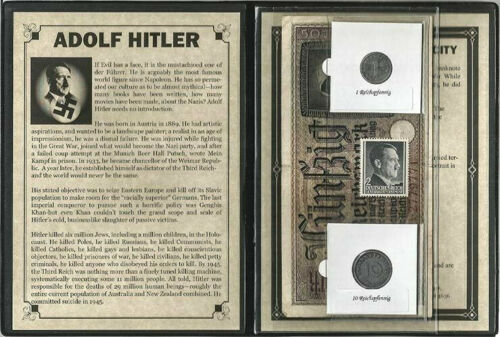 World War II CERTIFIED Two German Coins 1,10 Rp & 50 Reichsmark Bill & Stamp - Collectors Couch
