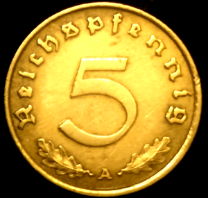 Rare WW2 German 5 Reichspfennig Brass Coin Historical WW2 Authentic Artifact