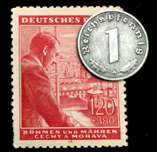 Load image into Gallery viewer, Rare Old WWII German War 1 Reichspfennig Coin &amp; 120P Stamp World War 2 Artifacts - Collectors Couch