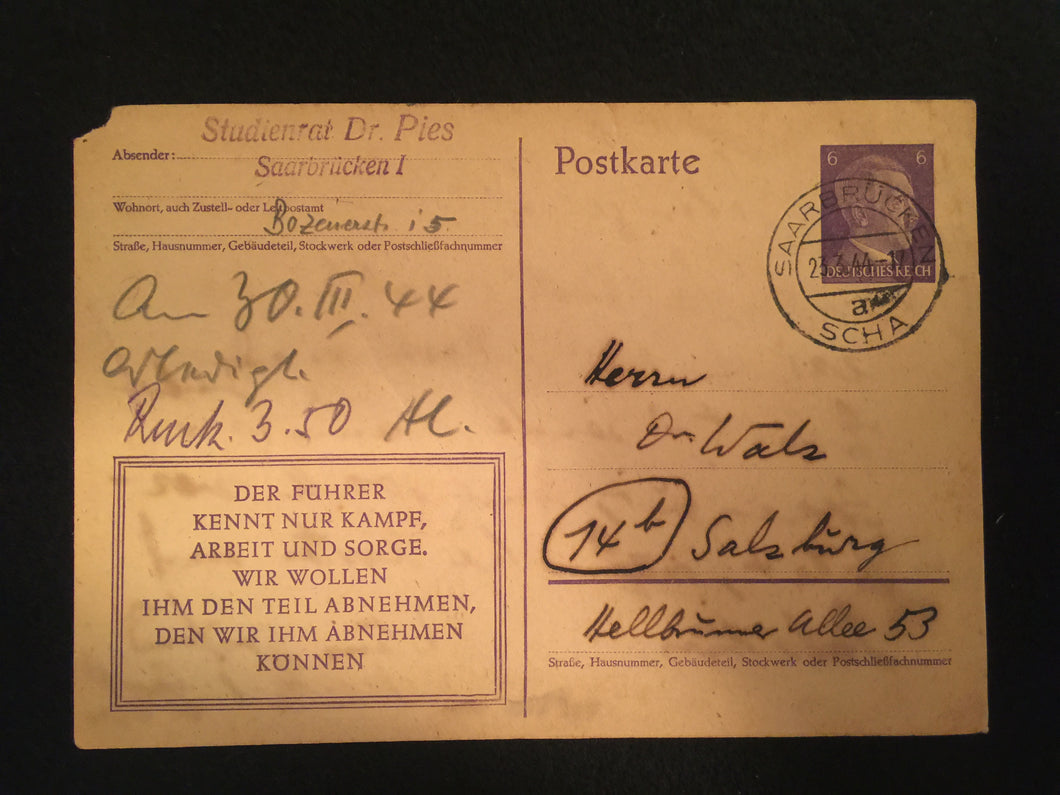 WWII Nazi Germany 1944 Used Historical Postcard