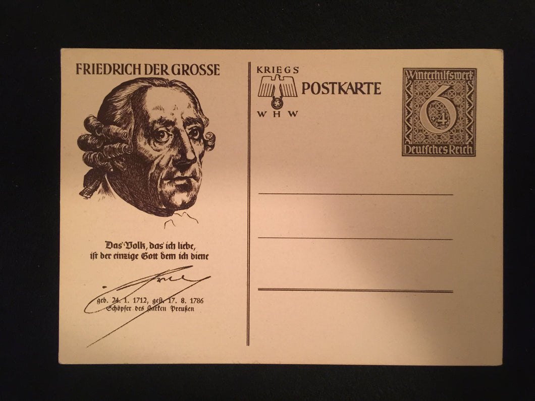 WWII Nazi Germany 1944 Used Historical Postcard FRIEDRICH DER GROSSE - Collectors Couch