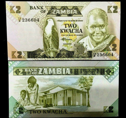 Zambia 2 Kwacha Banknote World Paper Money UNC Currency Bill Note - Collectors Couch