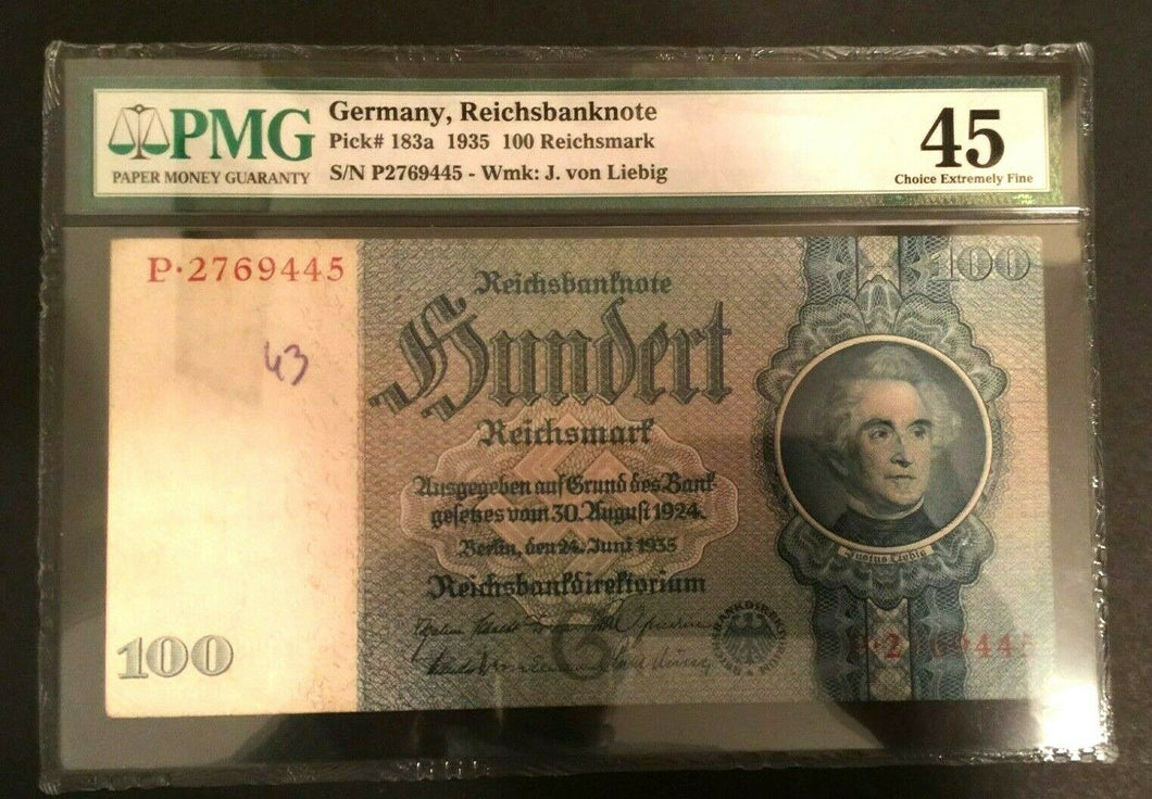 Antique Rare Historical 100 German Reichmarks1935-PMG Certified Extremely Fine