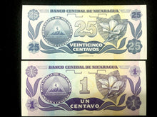 Load image into Gallery viewer, NICARAGUA 1 and 25 Centavos Banknote World Paper Money UNC - Collectors Bills
