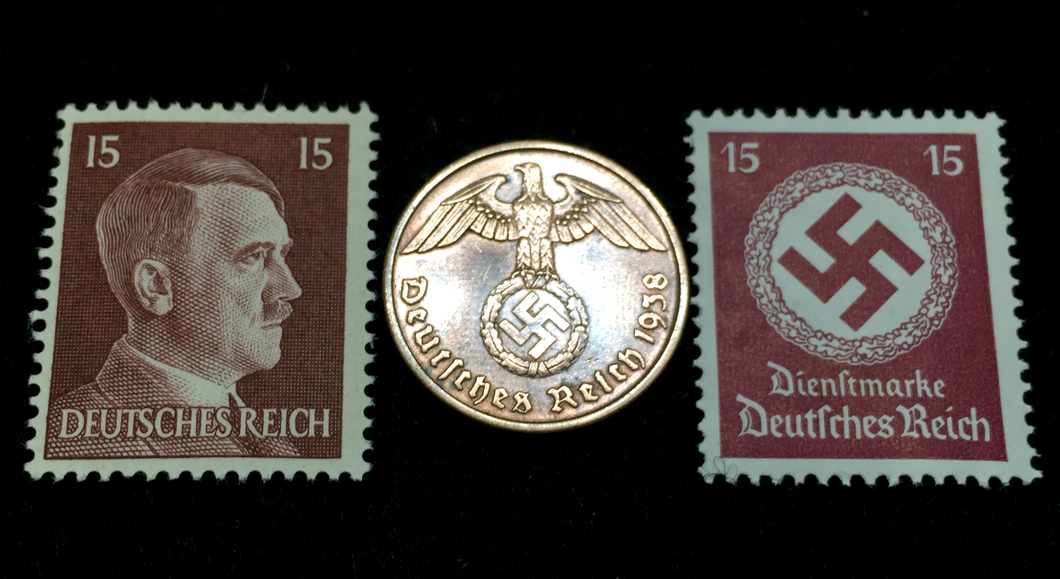 Rare Old WWII German War Coin Two Reichspfennig & Stamps World War 2 Artifacts