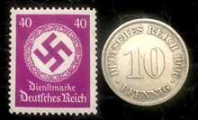 Load image into Gallery viewer, Historical Antique- German 10 Pfennig Coin with Famous 40pf Purple Unused Stamp