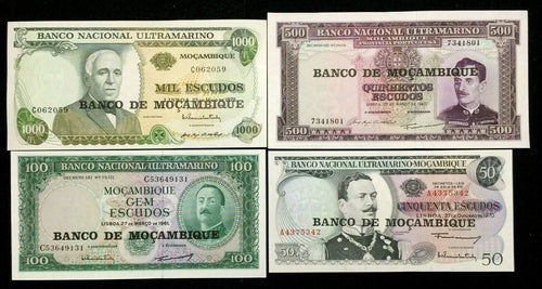MOZAMBIQUE 1000,500,100,50 Escudos Banknote Set World Paper Money UNC Bill Note - Collectors Couch