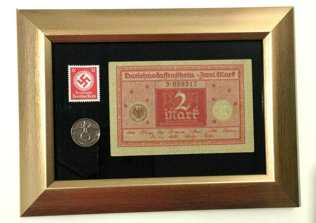 WWII Nazi Third Reich 2 Reichspfennig Coin with SWASTIKA Stamps & 2 Mark Bill in Display Frame - Collectors Couch