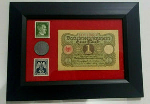 German WW2 Rare 10 Rp Coin wth  Stamps 1 Mark Bill in Disp frame - Collectors Couch