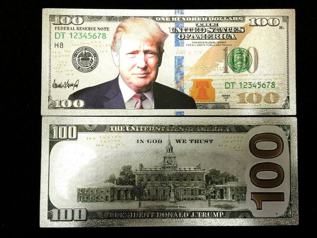 US $100 Dollar Silver Foil Trump Banknote Bill WIth Green Seal & Blue Stripe - Collectors Couch