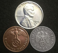 Load image into Gallery viewer, Rare WW2 German Reichspfennig Coins &amp; 1943 BU Shinny Steel Cent US Lot