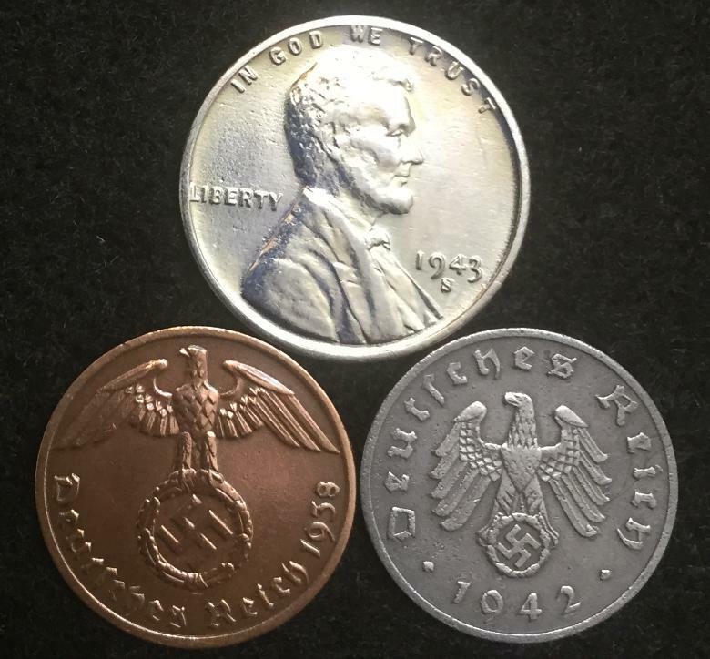 Rare WW2 German Reichspfennig Coins & 1943 BU Shinny Steel Cent US Lot