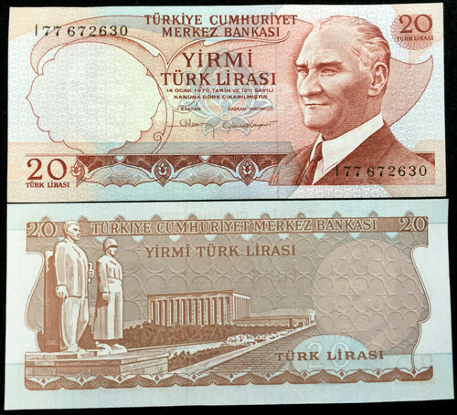 Turkey 20 Lira 1970 1974 Banknote World Paper Money UNC Currency Bill - Collectors Couch