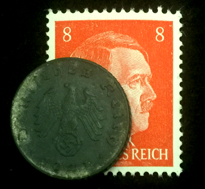 Rare Nazi Third Reich 5 Reichspfennig Coin with Swastika  & Stamp World War 2 Artifacts - Collectors Couch
