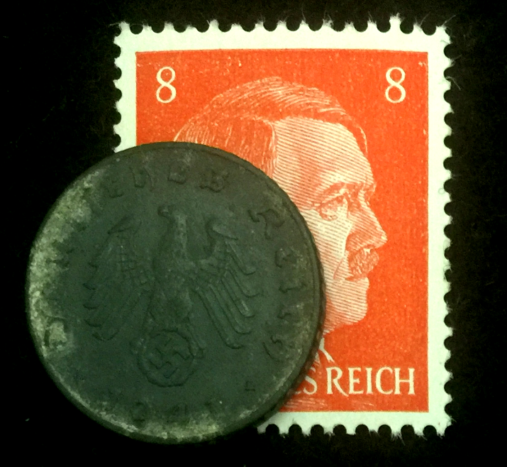 Rare Nazi Third Reich 5 Reichspfennig Coin with Swastika  & Stamp World War 2 Artifacts