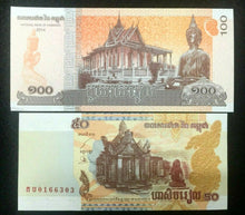 Load image into Gallery viewer, Cambodia 50 and 100 Riels Banknote World Paper Money UNC Currency Bill Note