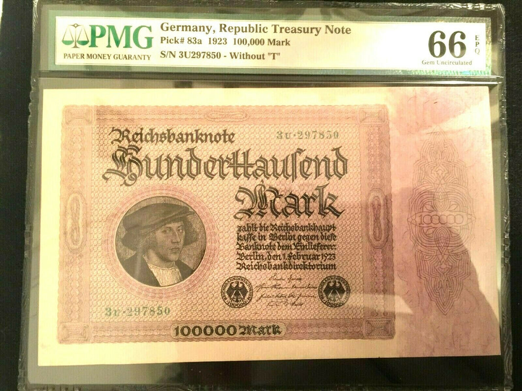 Antique Rare Historical 100,000 German Marks 1923 - PMG Certified UNC GEM