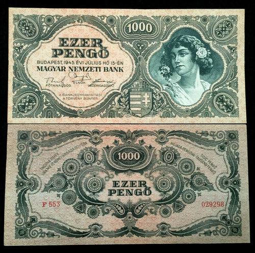Hungary 1000 Pengo 1945 P-118 aUNC Banknote World Paper Money - Collectors Couch