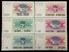 Load image into Gallery viewer, Bosnia &amp; Herzegovina 1000,500,100,50,25,10 Dinara 1992 UNC Banknotes - Collectors Couch
