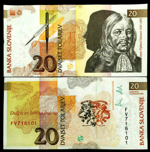 Slovenia 20 Tolarjev Banknote World Paper Money UNC Currency Bill Note - Collectors Couch