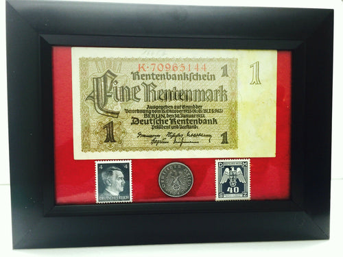 German Rare1 Mark Bill 10 rp Coin wth Stamp in Disp Frame - Collectors Couch