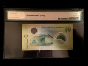 Nicaragua 10 Cordobas P201a 2007 PMG 67 EPQ s/n A/1 13311146 Polymer Banknote