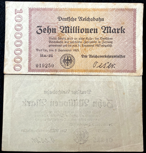 Germany 10 MILLION Mark 1923 Railroad Banknote 99 Years Old