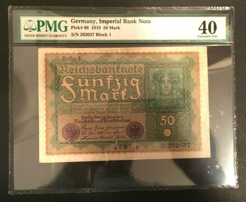 Rare Historical 50 German Mark 1919 - PMG Certified  Extremely Fine -  WW1 Era - Collectors Couch
