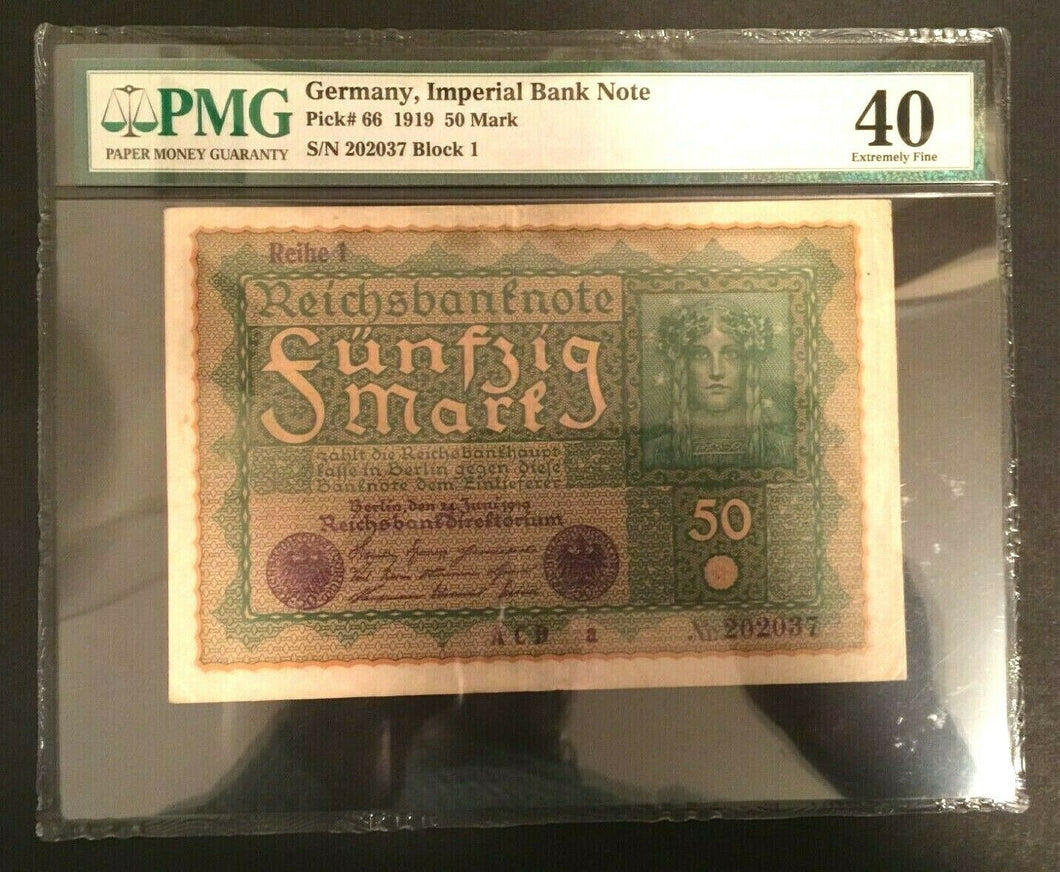 Rare Historical 50 German Mark 1919 - PMG Certified  Extremely Fine -  WW1 Era - Collectors Couch